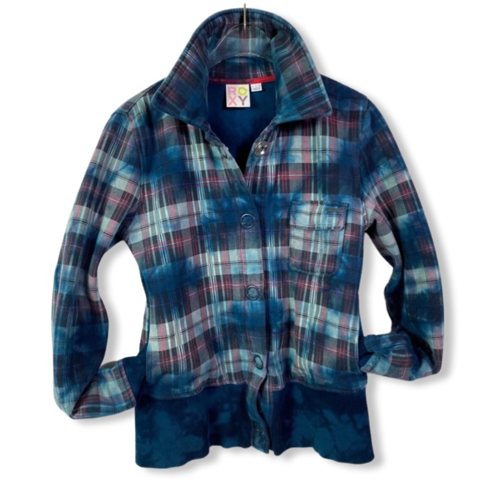 ROXY Bomber Jacket, Plaid Jacket with Tie Dye Overlay, Snap Closure, Sof…
